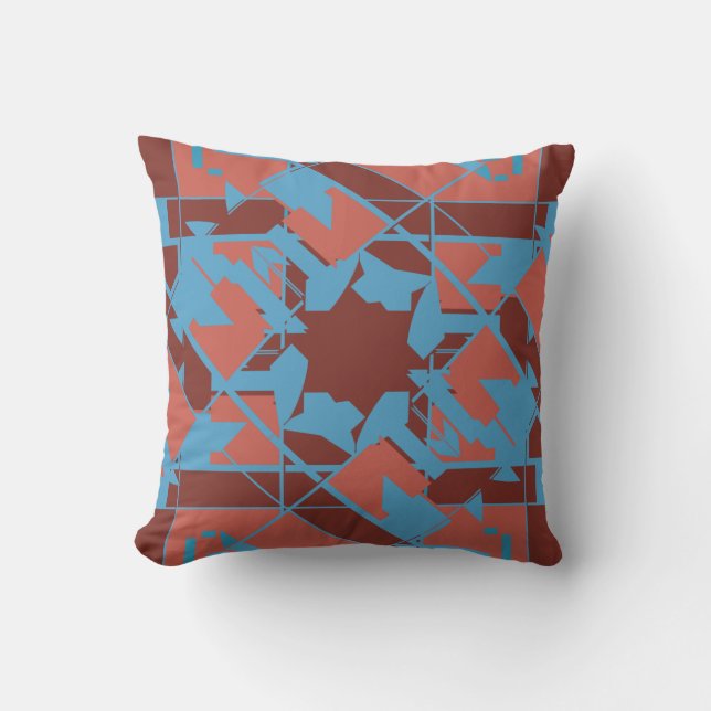 Blue Terracotta on Burgundy Diagonal Floral Motif Throw Pillow (Front)