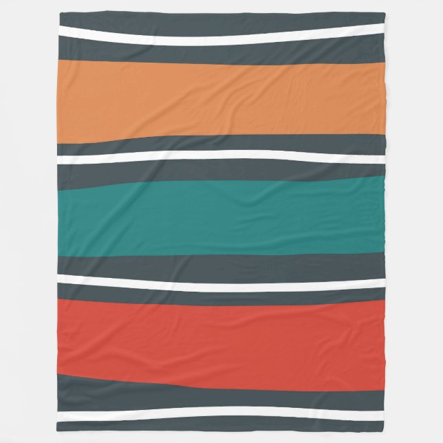 Blue terracotta red white retro waves fleece blanket (Front)