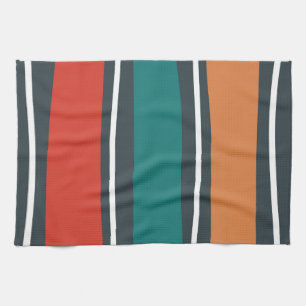 Blue terracotta red white retro waves kitchen towel