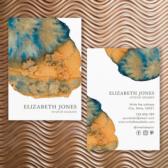 Blue Terracotta Unique Painted Watercolor Abstract Business Card (Front and Back)