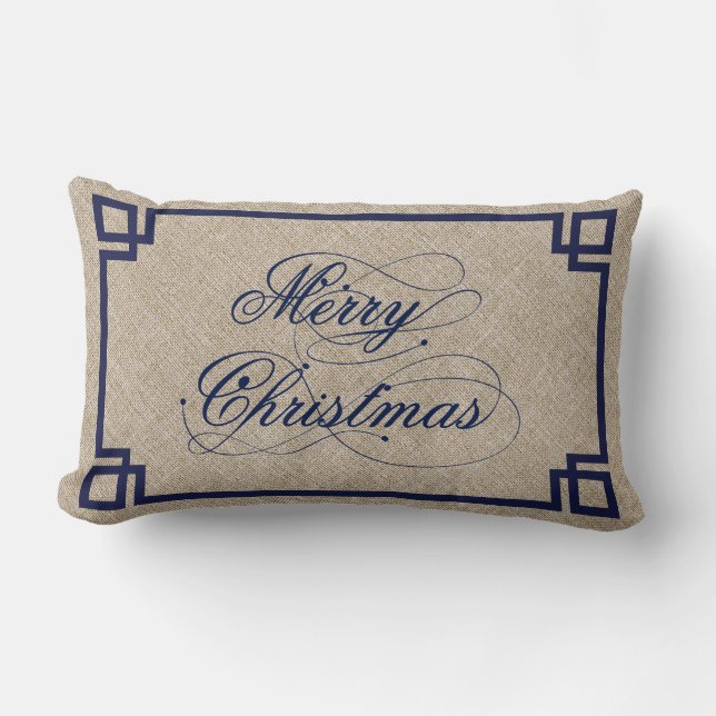 Blue Text & Beige Linen Marry Christmas Lumbar Pillow (Front)
