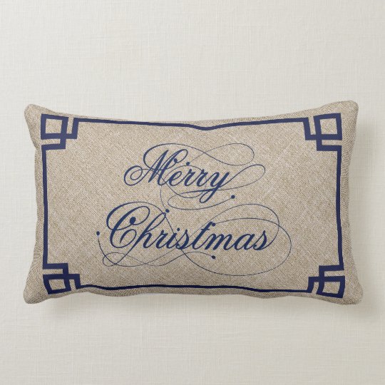 Blue Text & Beige Linen Marry Christmas Lumbar Pillow