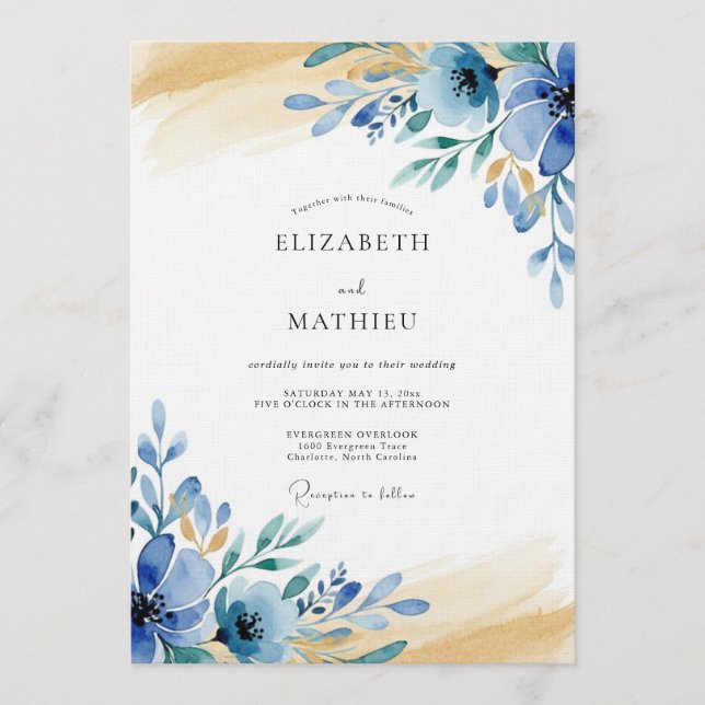 Blue Textured Floral Whimsy Wedding Invitation (Front)