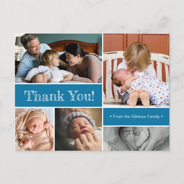 Blue Thank You and Introducing Second baby Photos Announcement Postcard (Front)