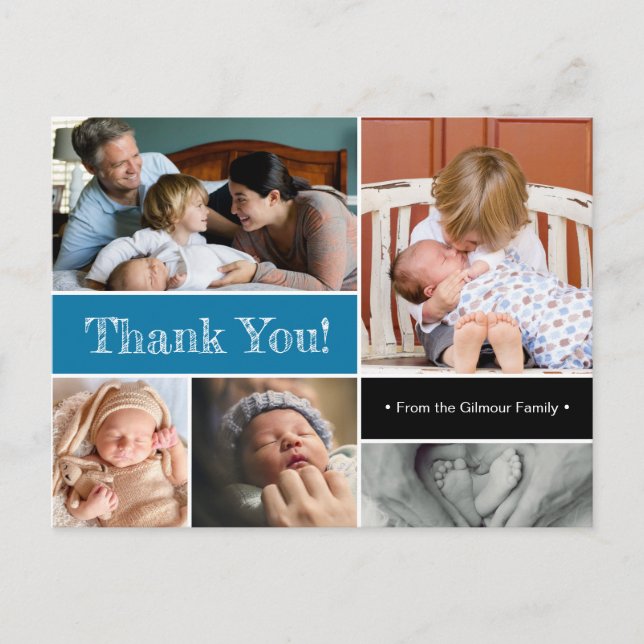 Blue Thank You and Introducing Second baby Photos Announcement Postcard (Front)