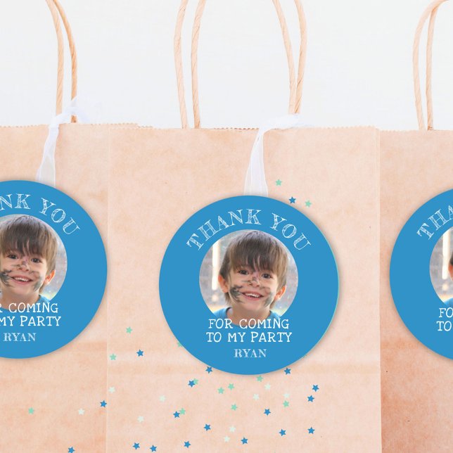 Blue Thank you Birthday Boy Photo Classic Round Sticker (Creator Uploaded)