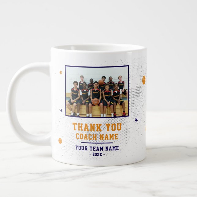 Blue Thank you Coach Team Name and Team Photo Large Coffee Mug (Left)