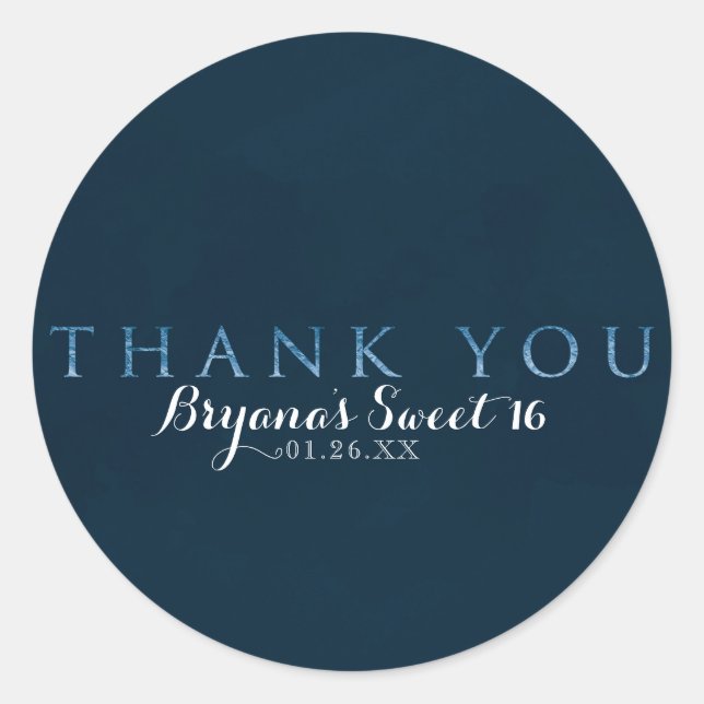 Blue THANK YOU Shiny Faux Foil Custom Party Favour Classic Round Sticker (Front)