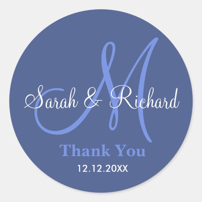 Blue Thank You Wedding Monogram Sticker (Front)