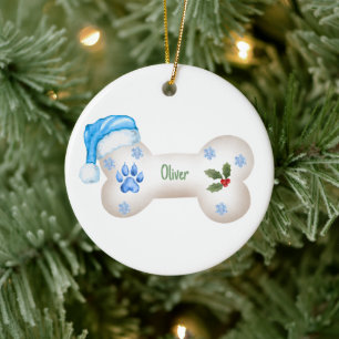 Blue Theme Personalizable Dog Bone Christmas Ceramic Ornament
