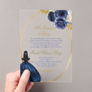 Blue themed acrylic quinceañera invitation