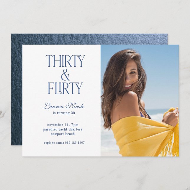 Blue Thirty & Flirty Typography Photo 30 Birthday Invitation (Front/Back)