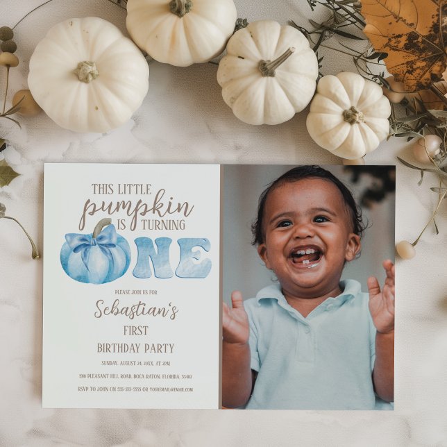 Blue This Little Pumpkin Photo 1st Birthday Party Invitation (Creator Uploaded)