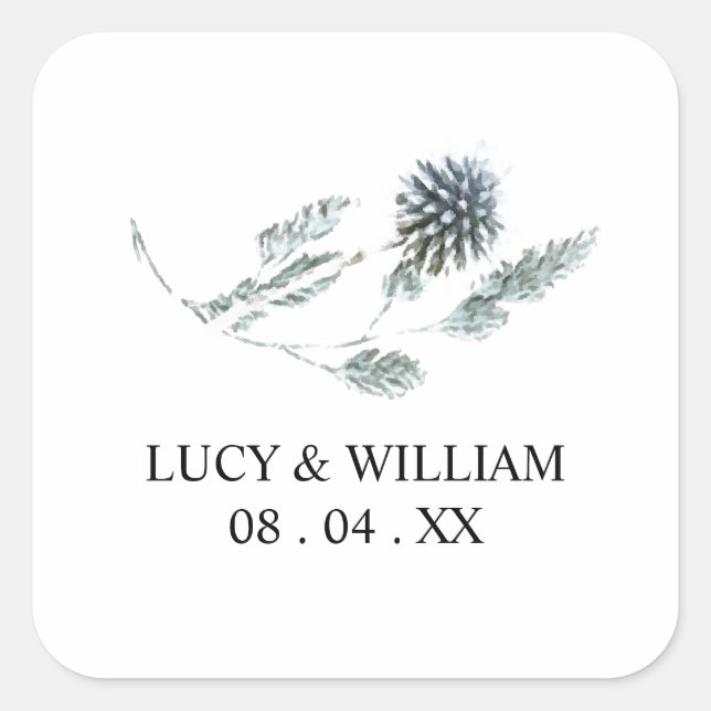 Blue thistle botanical floral wedding thank you  square sticker (Front)