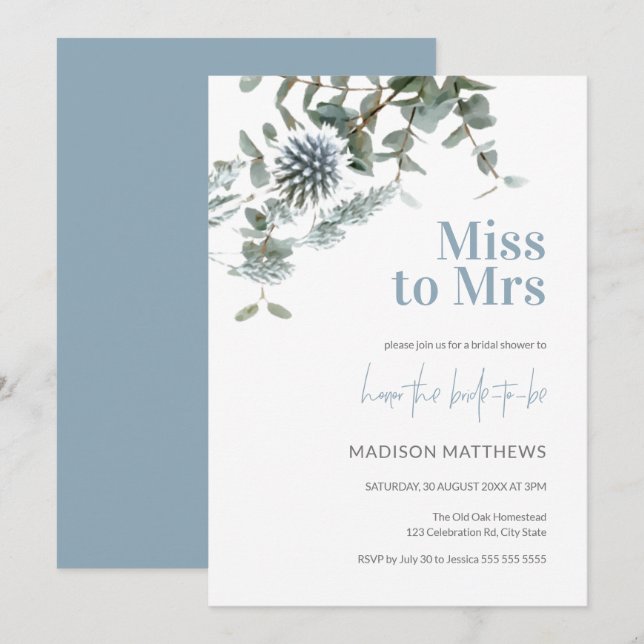 Blue Thistle Botanical Miss to Mrs Bridal Shower   Invitation (Front/Back)