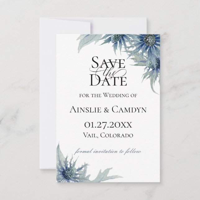 Blue Thistle Botanical Save The Date Announcement (Front)