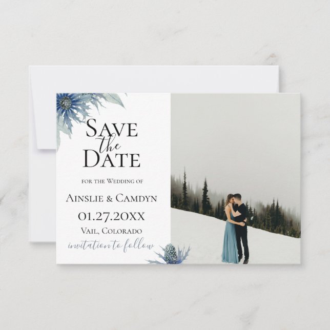 Blue Thistle Photo Save The Date Announcement (Front)