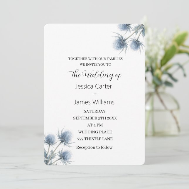 Blue Thistle Scottish Scotland Simple Wedding Invitation (Standing Front)