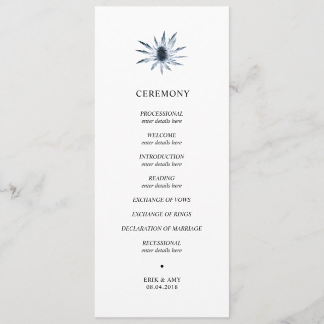 Blue thistle wedding ceremony program (Front)