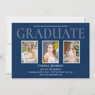 Blue Three Photo Graduation Party Invitation