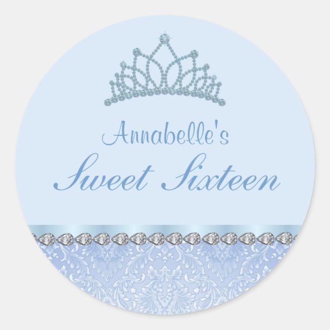 Blue Tiara & Damask Sweet16 Sticker (Front)