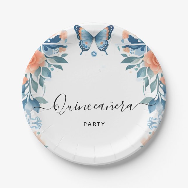 Blue Tiara Family Latina Girly Spanish Quinceanera Paper Plate (Front)