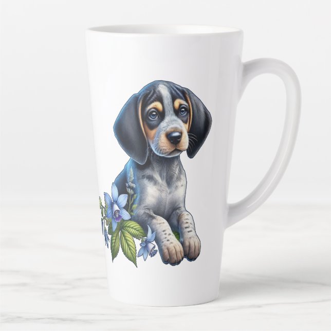 Blue Tick Hound Puppy with Delicate Blue Flowers Latte Mug (Right)