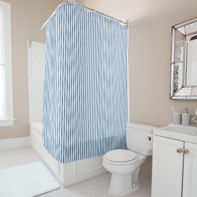 Blue Ticking Stripe Shower Curtain (In Situ)