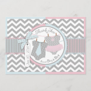 Blue Tie and Pink Tutu Twins Thank You Card