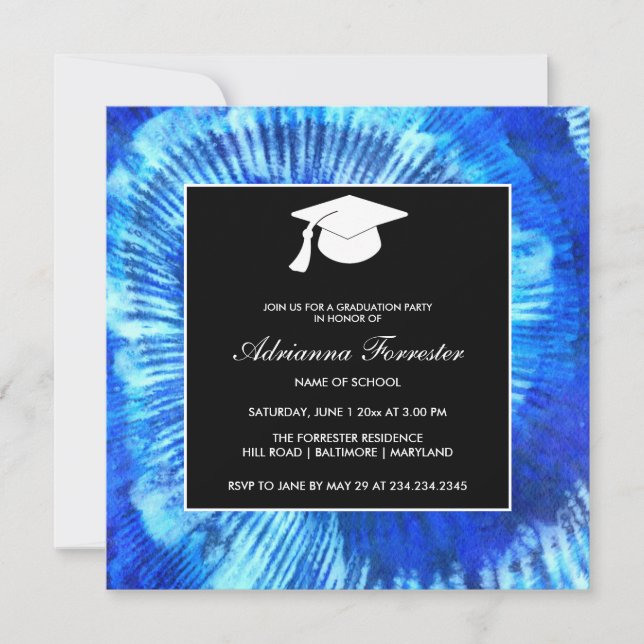 Blue Tie Dye Pattern Abstract Graduation Hat Invitation (Front)