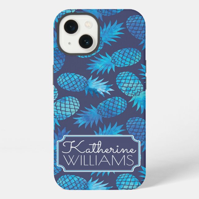 Blue Tie Dye Pineapples | Add Your Name iPhone Case (Back)