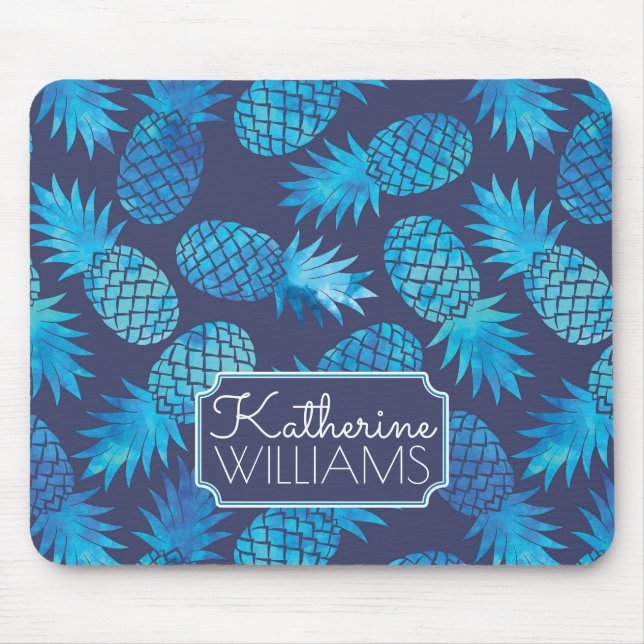 Blue Tie Dye Pineapples | Add Your Name Mouse Pad (Front)