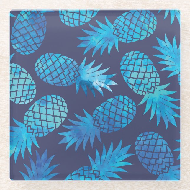 Blue Tie Dye Pineapples Glass Coaster (Front)