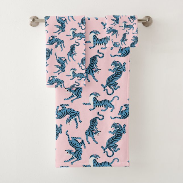 Blue Tiger Asian Pattern Bath Towel Set (Insitu)