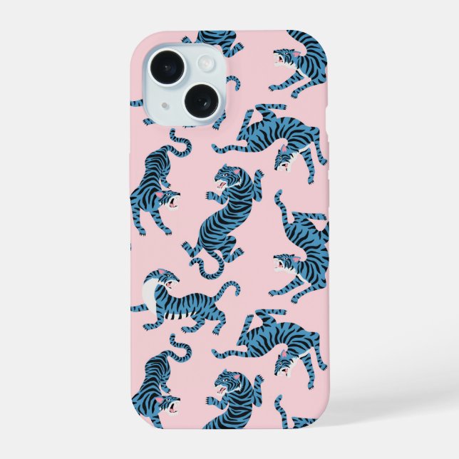 Blue Tiger Asian Pattern iPhone 15 Case (Back)