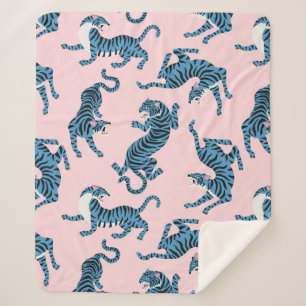 Blue Tiger Asian Pattern Sherpa Blanket