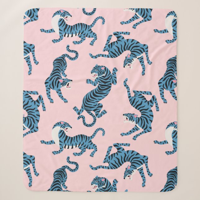 Blue Tiger Asian Pattern Sherpa Blanket (Front)