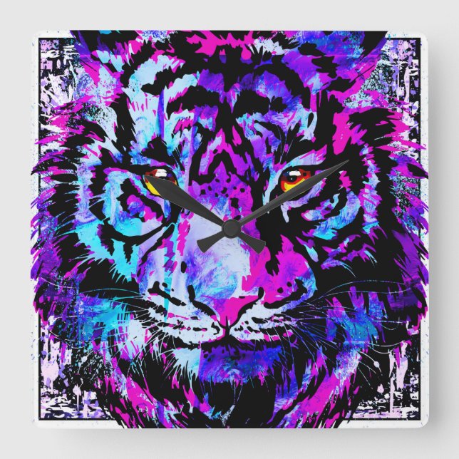 Blue Tiger Clock - Colourful Tiger Head Wall Clock (Front)