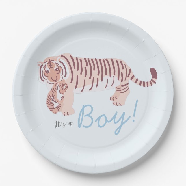 Blue Tiger & Cub Boy Baby Shower Paper Plate (Front)
