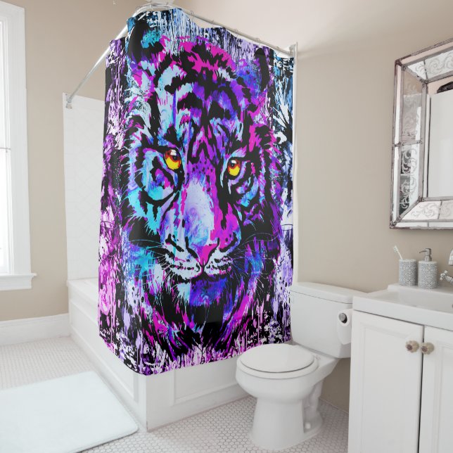 Blue Tiger Shower Curtain | Purple Tiger Face (In Situ)