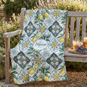 Blue Tile Country Lemon Pattern Monogram Name Fleece Blanket