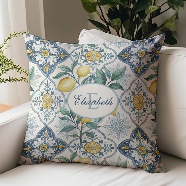 Blue Tile Country Lemon Pattern Monogram Name Throw Pillow (Creator Uploaded)
