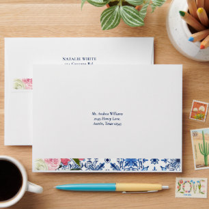 Blue Tile Floral Italian Return Address Envelope