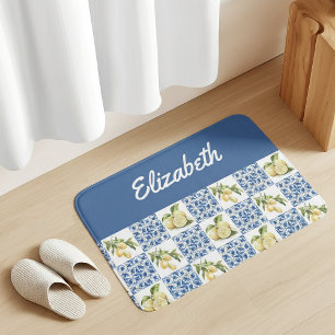 Blue Tile French Country Lemon Custom Name Bath Mat