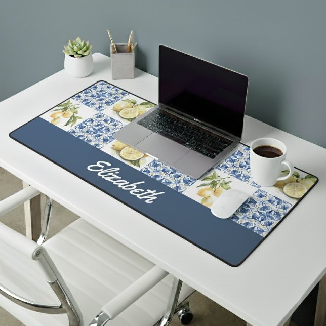 Blue Tile French Country Lemon Custom Name Desk Mat (Creator Uploaded)