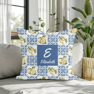 Blue Tile French Country Lemon Monogram Name Throw Pillow