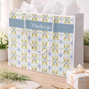 Blue Tile French Country Lemon Name Monogram Large Gift Bag