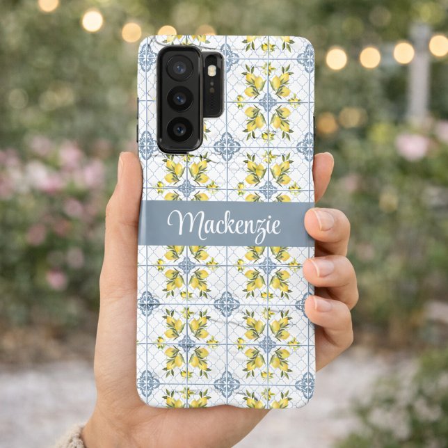 Blue Tile French Country Lemon Name Monogram Samsung Galaxy S22 Ultra Case (Creator Uploaded)