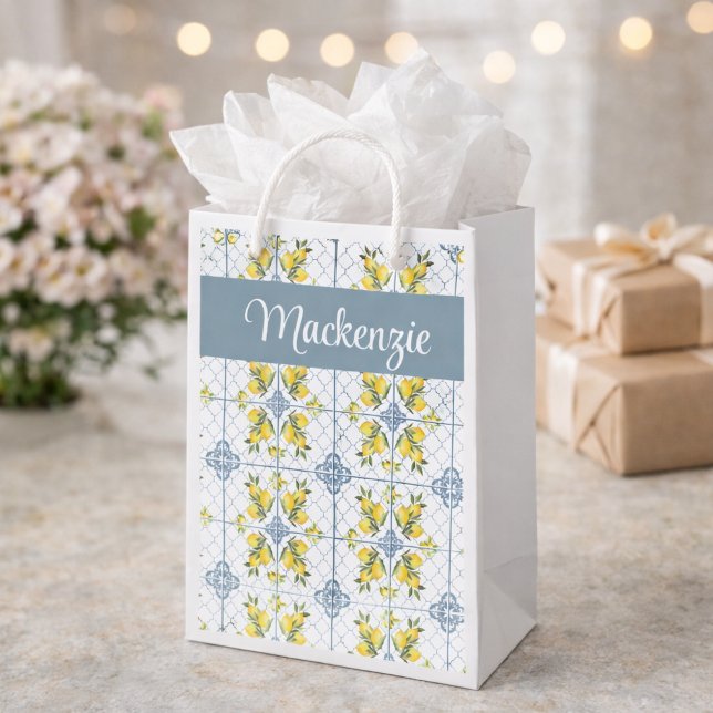Blue Tile French Country Lemon Name Monogram Small Gift Bag (Creator Uploaded)