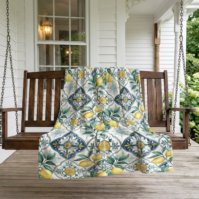 Blue Tile French Country Lemon Pattern Fleece Blanket (Creator Uploaded)